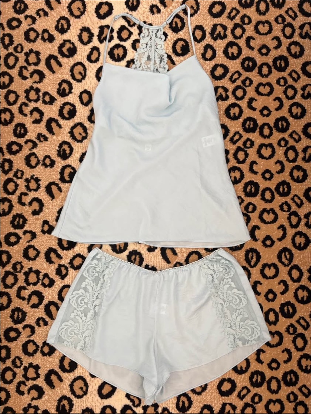 Y2K Baby Blue Lace Cowl Neck Tank and Shorts Lingerie Sleep Set